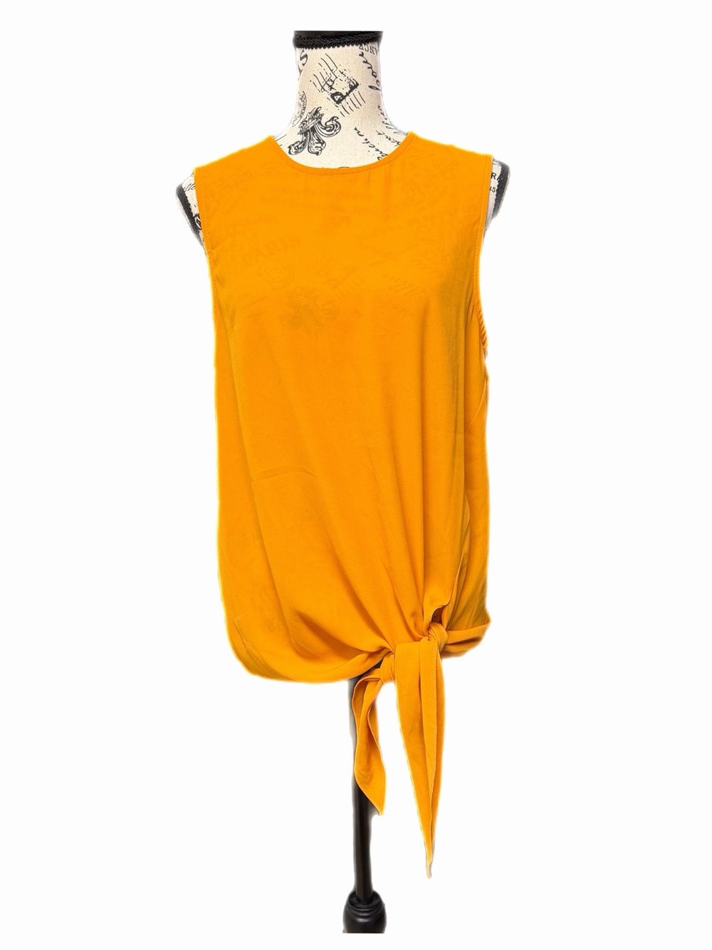 CARAMELA Mustard Sleeveless Asymmetrical Tie-Hem Tank Blouse M